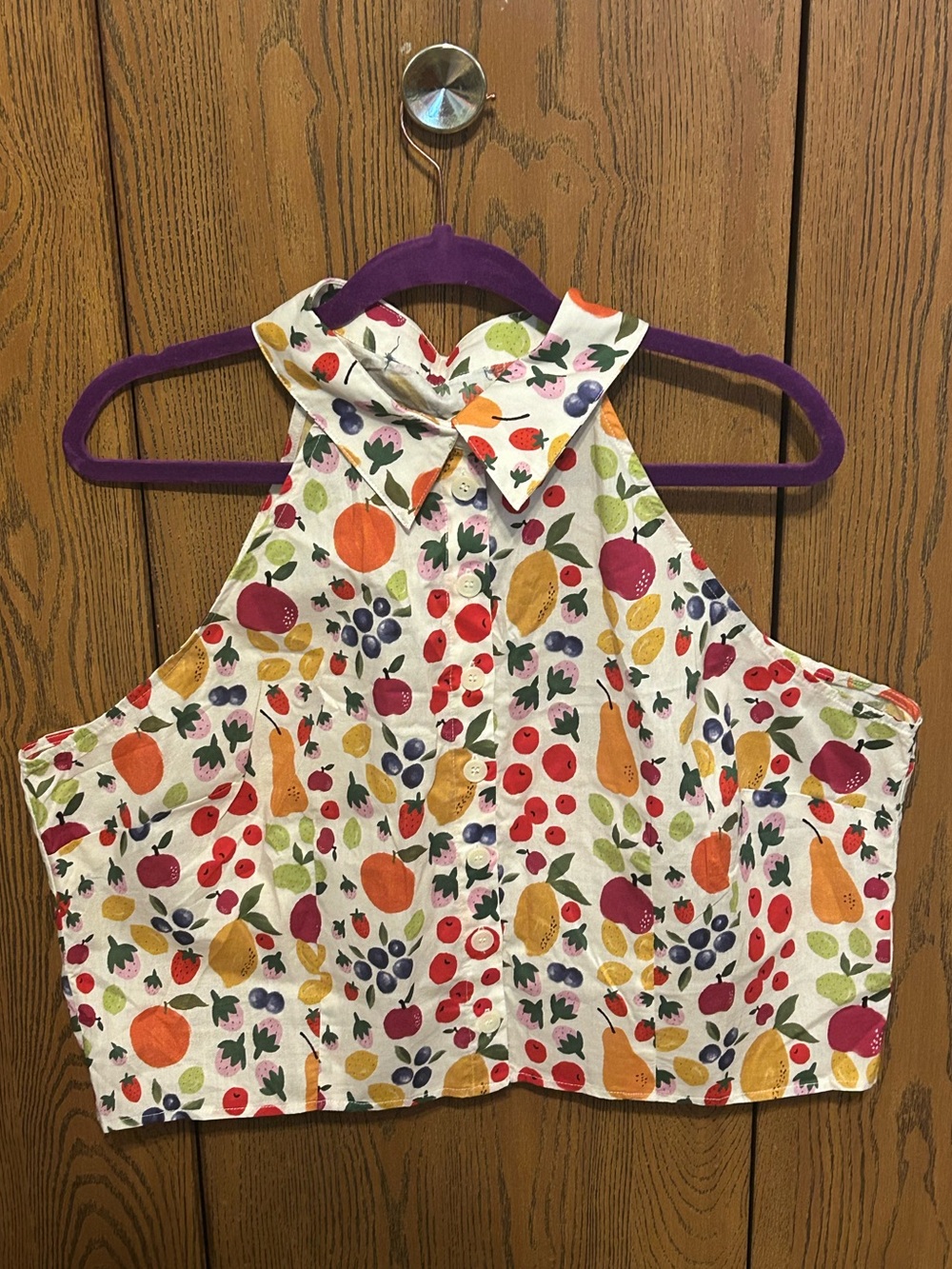 Cropped Fruit Print Button-Up Halter Top - Multicolor
